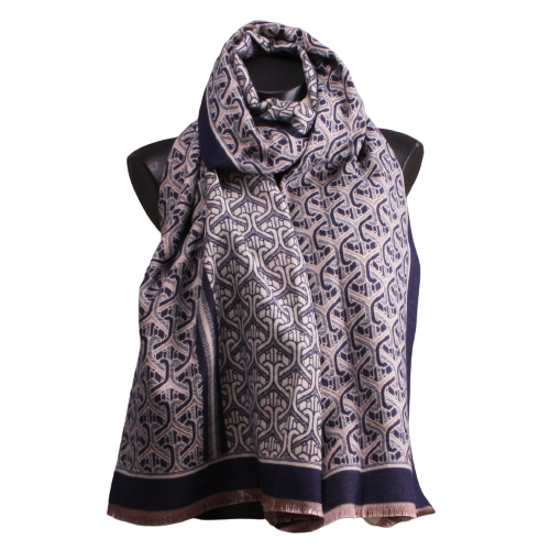 Foulard motifs bleus viscose/laine